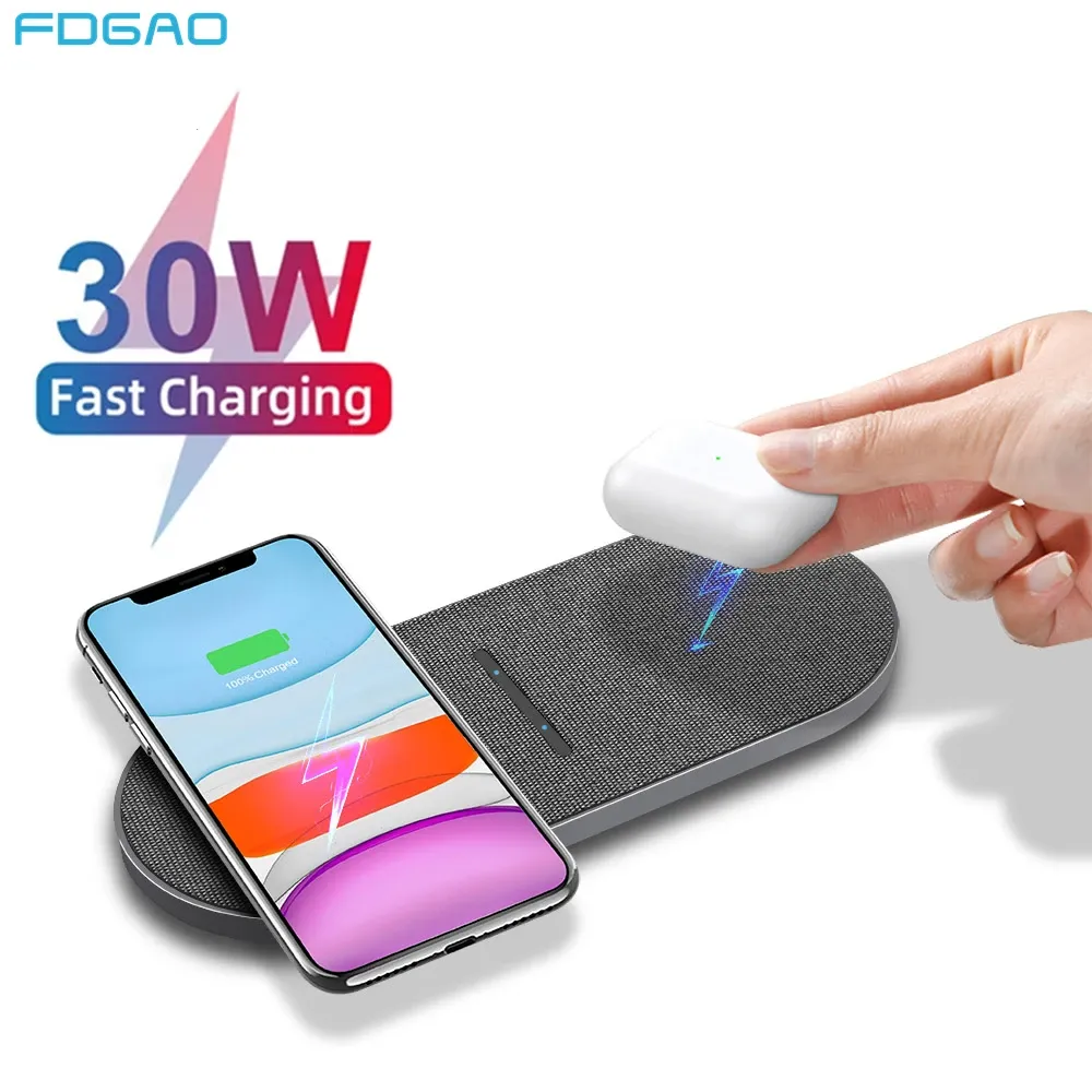 Chargers Fdgao 2 in 1 caricatore wireless da 30w per iPhone 14 13 12 11 XS XR X 8 AirPods 3 Pro doppio tampone di ricarica rapida per Samsung S22 S21 S20