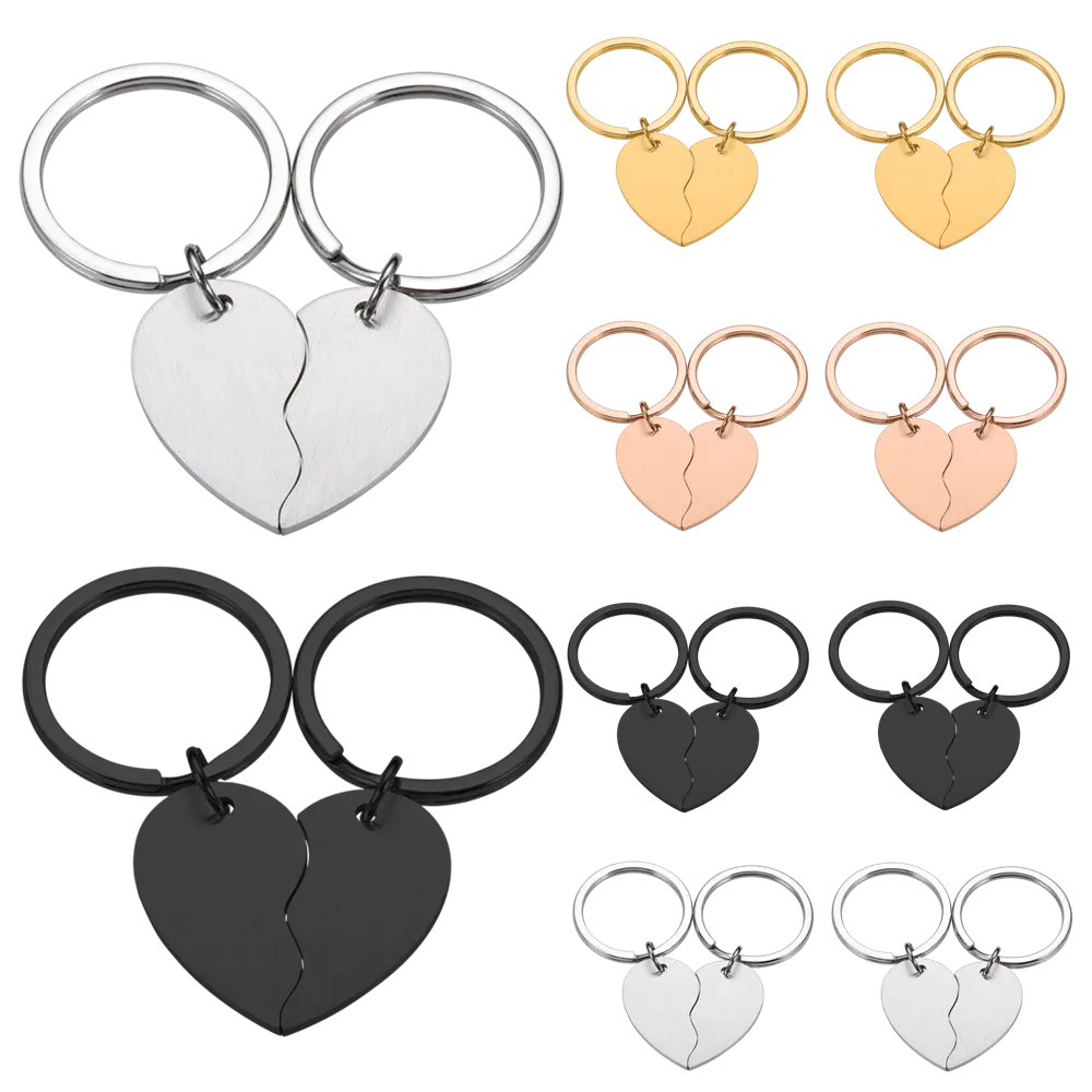 Tags en gros 10pcs / lot Blank Puzzle Heart Keychains Keychains en acier inoxydable ID Pet ID pour le bricolage de logo personnalisé Nom de couple accessoires