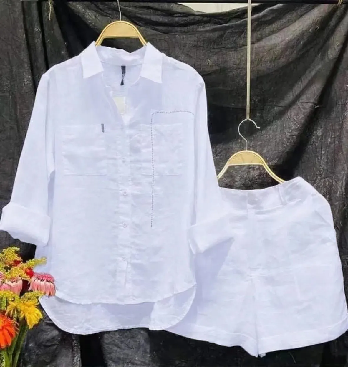 Fashion White 2 Piece Set For Women Long Sleeve Shirt And Shorts Two Suit 2024 Summer Cotton Linen Casual Home Sets 240419