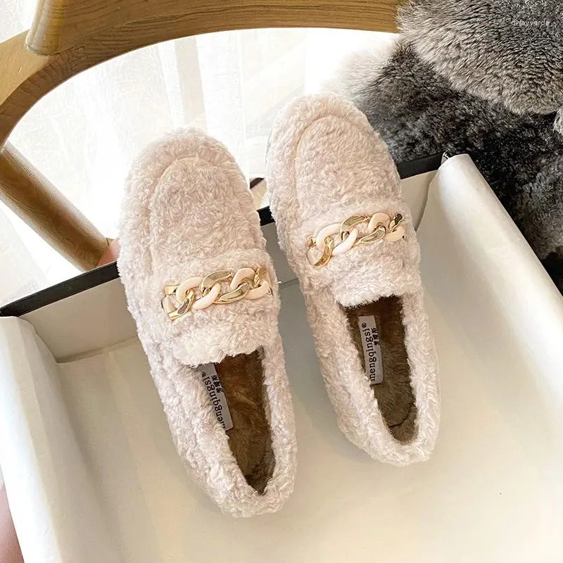 Casual Shoes Designer Lamb Fur Flats Women Metal Chains Platform Moccasins Ladies Cozy Plush Cotton Winter Furry Loafers Big Size43