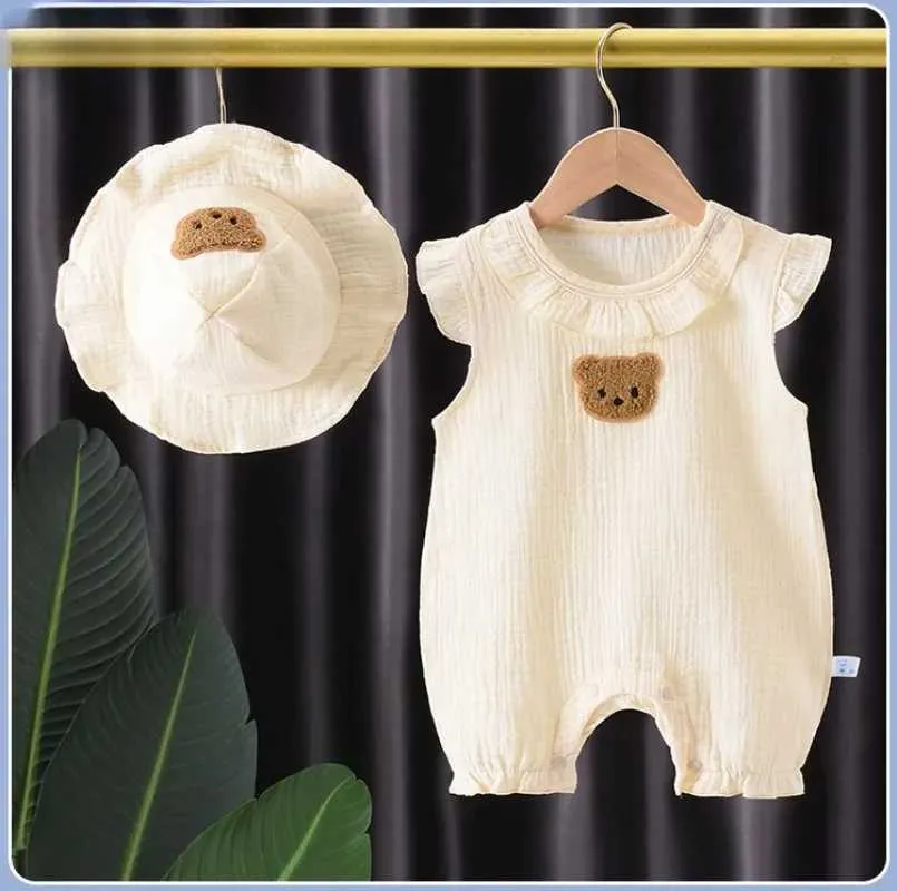 Rompers 2PC Summer New Baby Set cienki bawełniany krótki rękaw Romper+kapelusz niemowlę chłopiec dziewczyna kreskówka Niedźwiedź