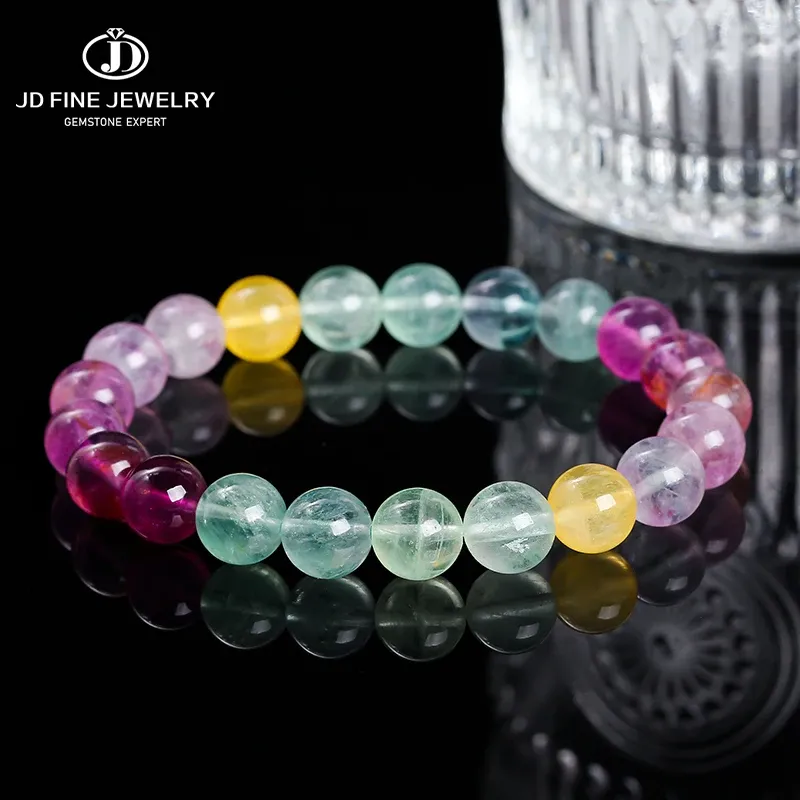 Brins JD 5a Stone Natural Muticolor Rainbow Fluorite Perle Bracelet Femmes Reiki guérison Lucky Stretchy Mala Bangles