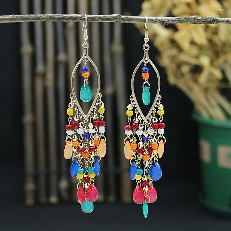 Boucles d'oreilles étalon style ethnique bohème long pour les femmes filles vintage coloré cristal pontel pendant de mode drop fête bijoux