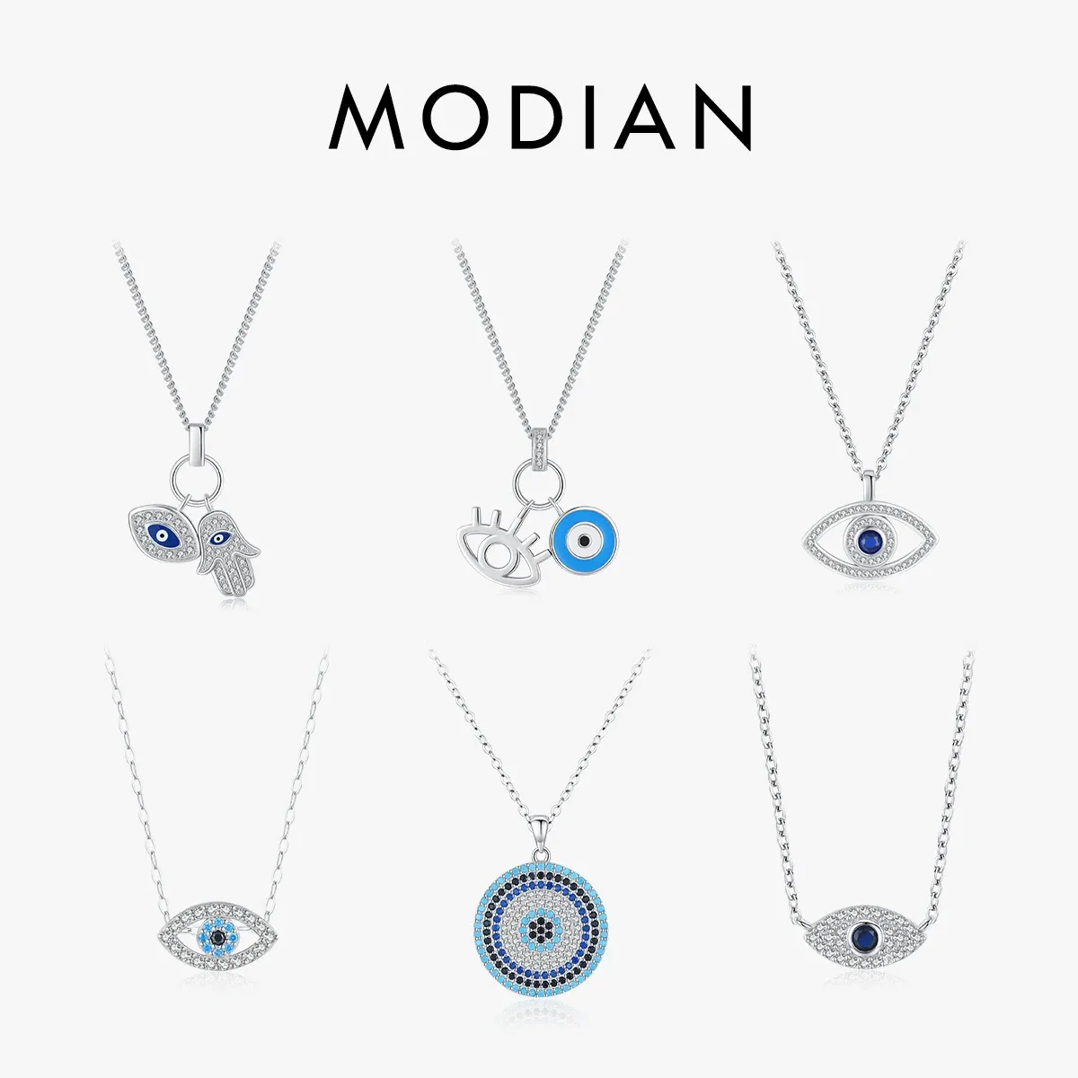 Halsband Modian 925 Sterling Silver Sexig ögonfrans Handen av Fatima turkoshänge Lucky Blue Eye Halsband för kvinnor Fin smycken gåva