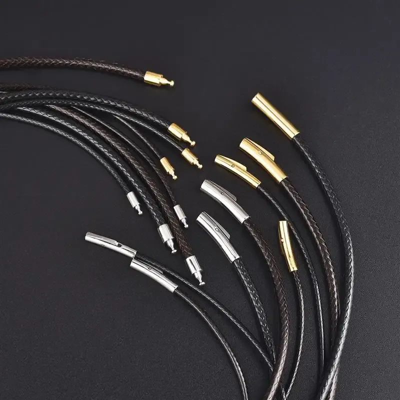Necklaces New 2mm Black Leather Cord Wax Rope Chain Necklace Stainless Steel Tube Clasp DIY Unisex Necklaces Chain Jewelry Accessories
