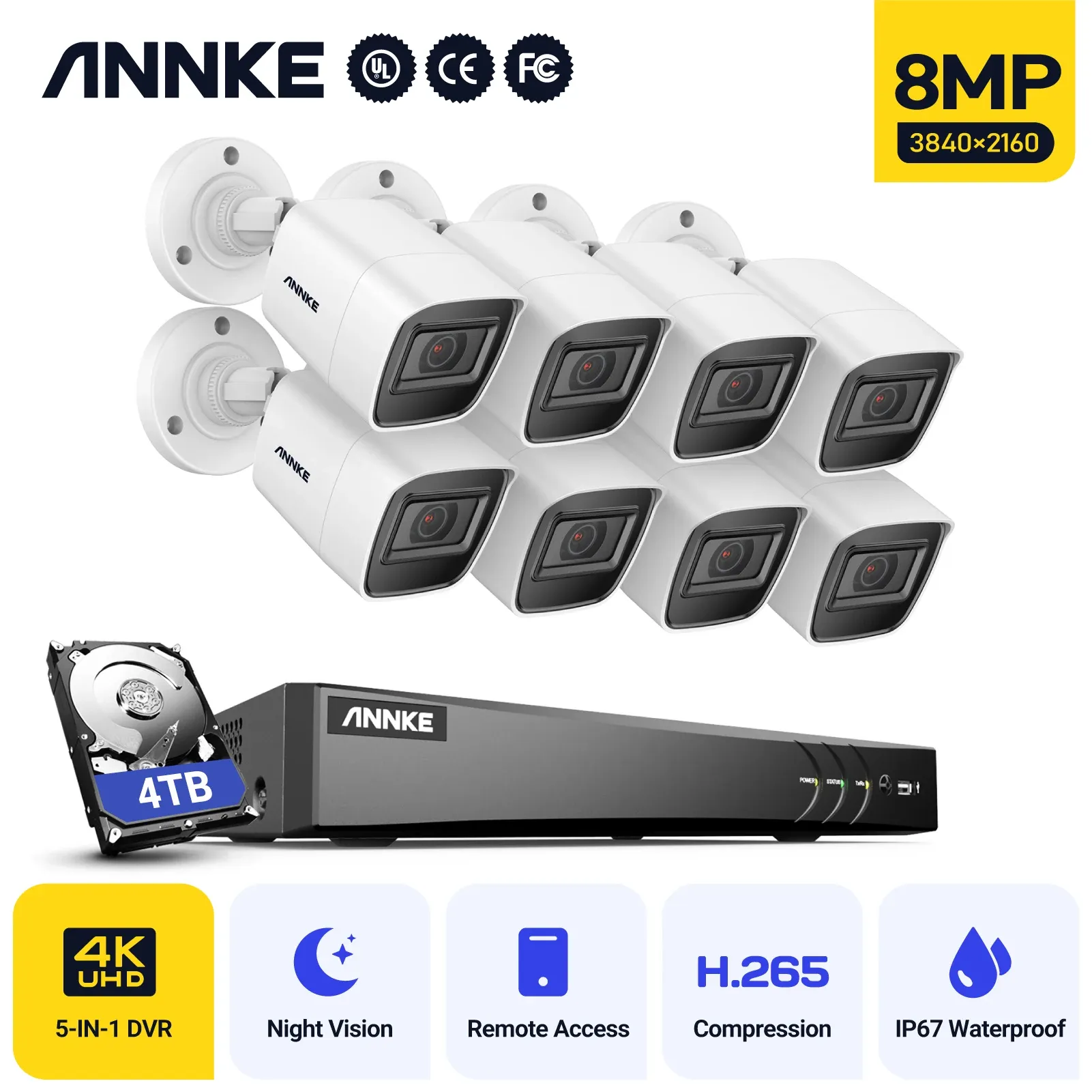 Lens Annke 4K Ultra HD 8CH DVR H.265 CCTV Camera Security System 4pcs 8MP IP67 Wélatage à l'abri