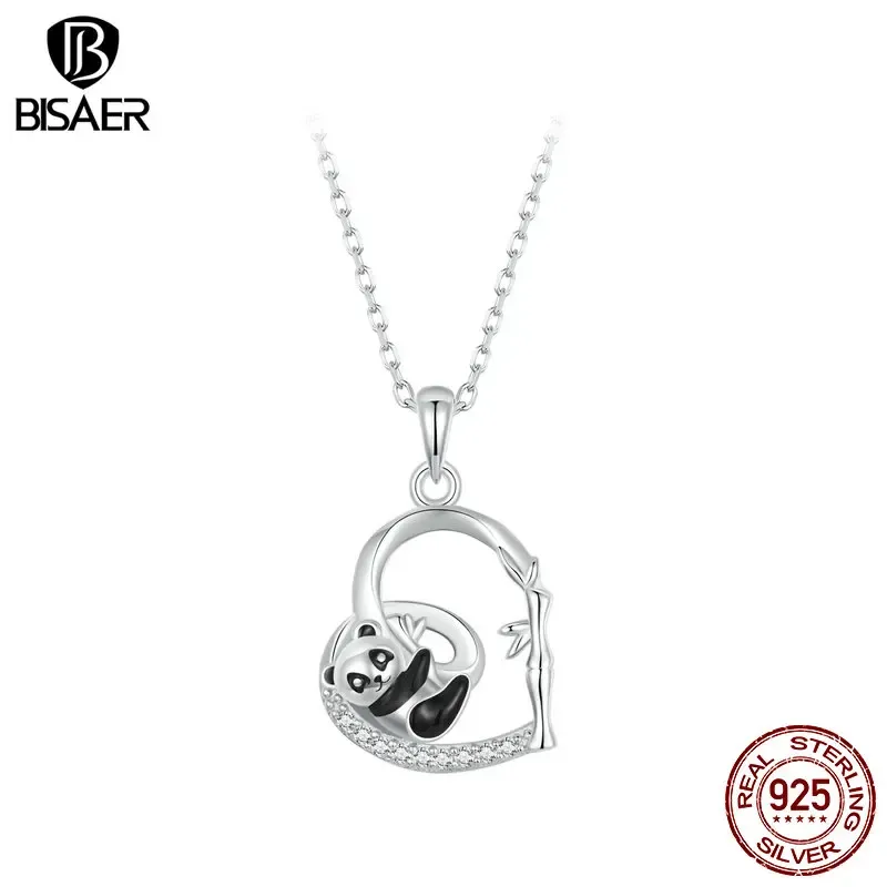 Halsketten Bisaer 925 Sterling Silber niedlich Panda Bambus Anhänger Halskette Herz Verstellbarer Kettenplattierplatin für Frau Fein Schmuck