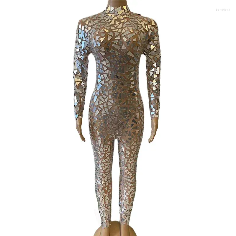 Scenkläder kvinnor sexig silver spegel svart naken mesh jumpsuit dans dräkt födelsedag prestanda bodysuit nattklubb dj