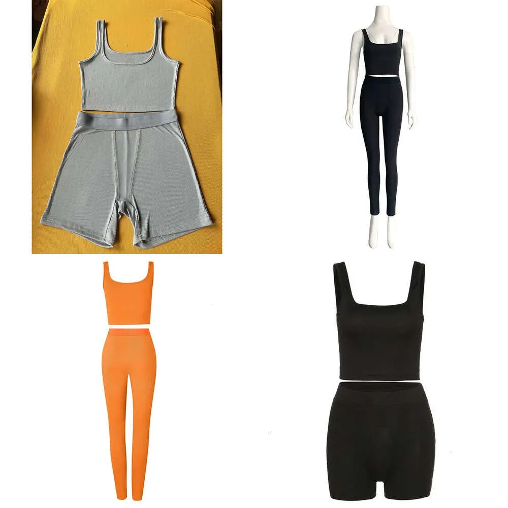Twee damesstukbroek hoge stretch vaste kleur yoga set mouwloze crop top short gym legging tracksuit running sportkleding 2 230719 30719