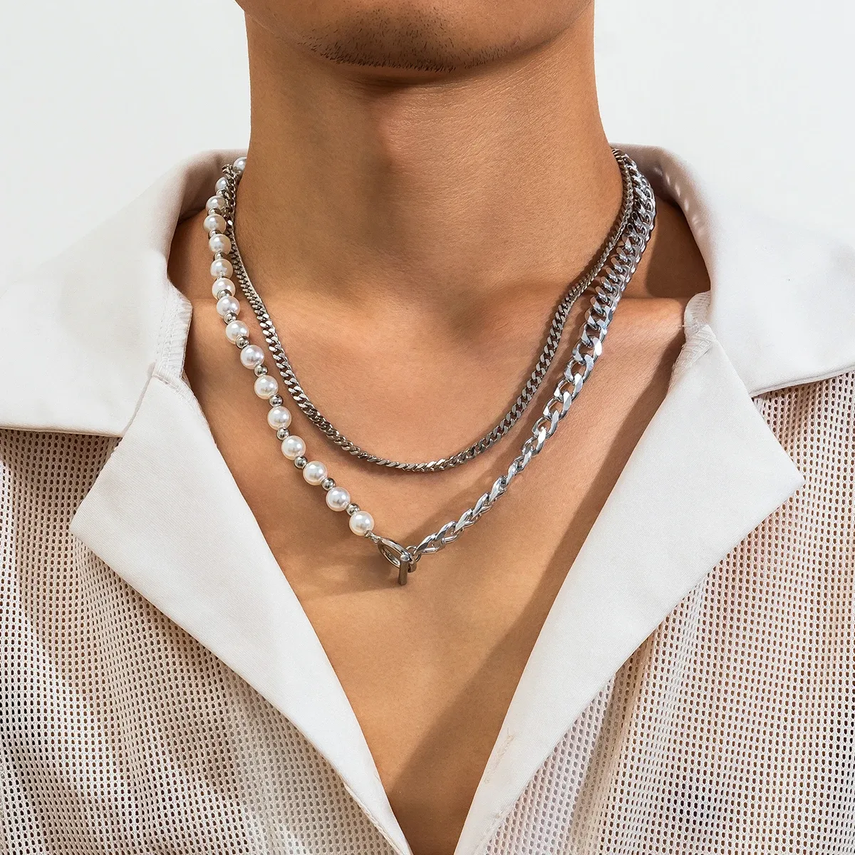 Halsband Kunjoe Hip Hop Half Imitation Pearl Half Cuban Chain Choker Halsband Set Män Punk Silver Color Link Chain Halsband Rapper