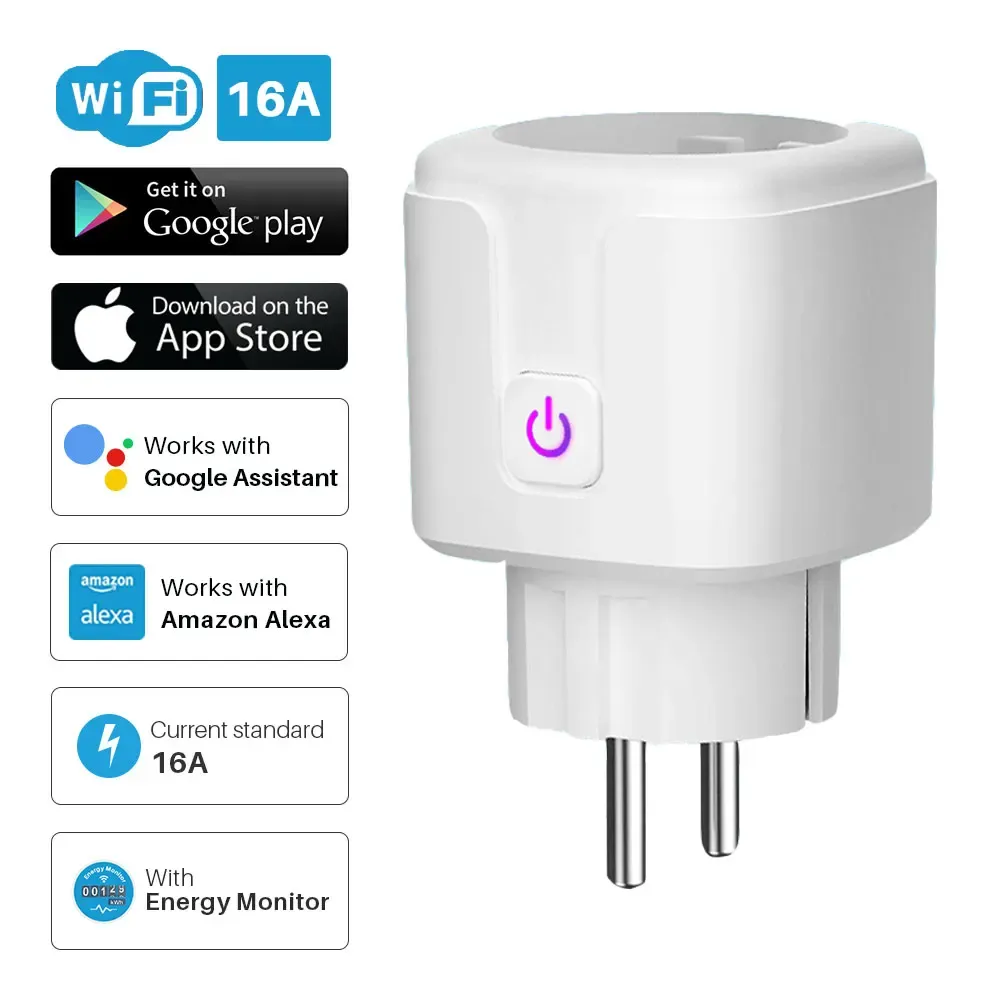 Plugs Smart Plug WiFi Socket EU 16A Power Monitor Tirming Fonction Tuya SmartLife App Control fonctionne avec Alexa Google Assistant Yandex