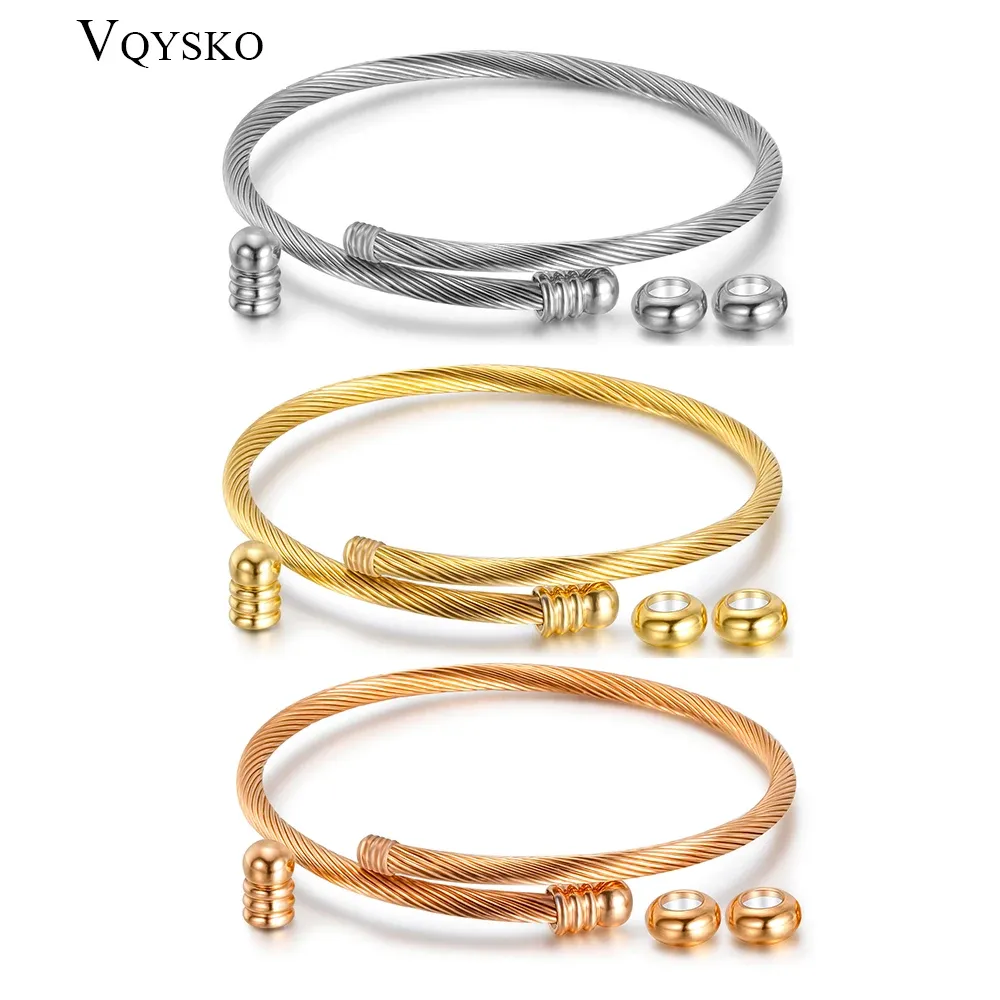 Strands Unisex Elastic Cable Wire Bangle Stainless Steel Bracelet Screw with Removable End Plug Twisted Cuff Charm Beads fit DIY Jewelry