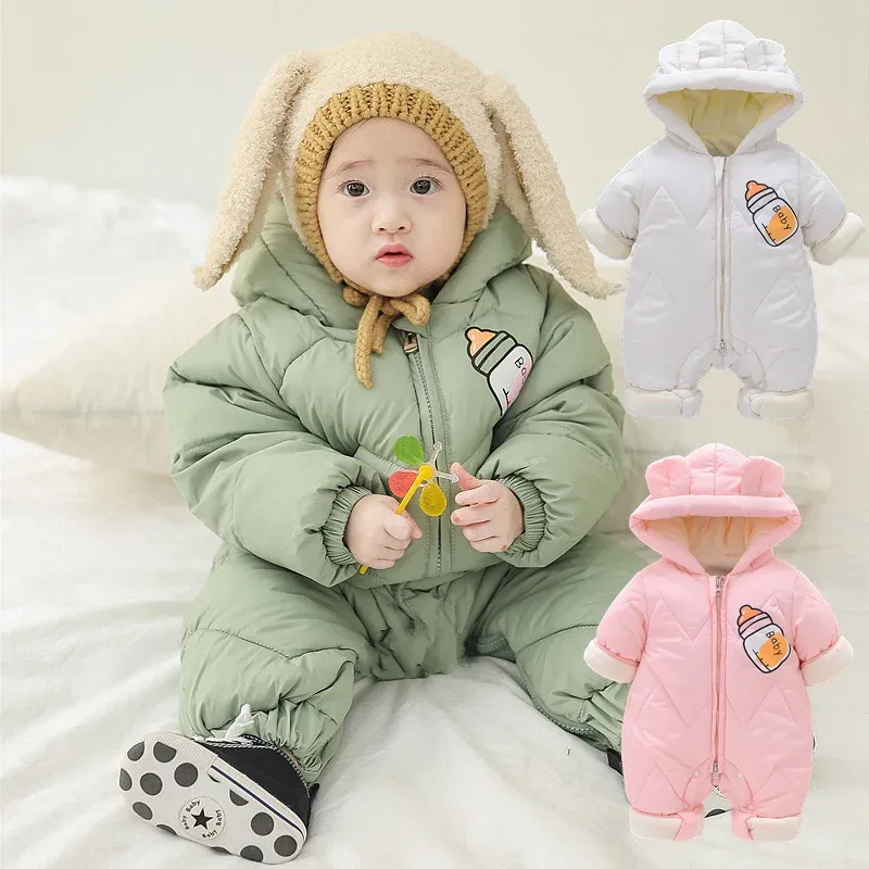 One-Pieces Newborn baby quilted jumpsuit boys and girls plus velvet thick cartoon romper baby toddler plus cotton clothes autumn and winter