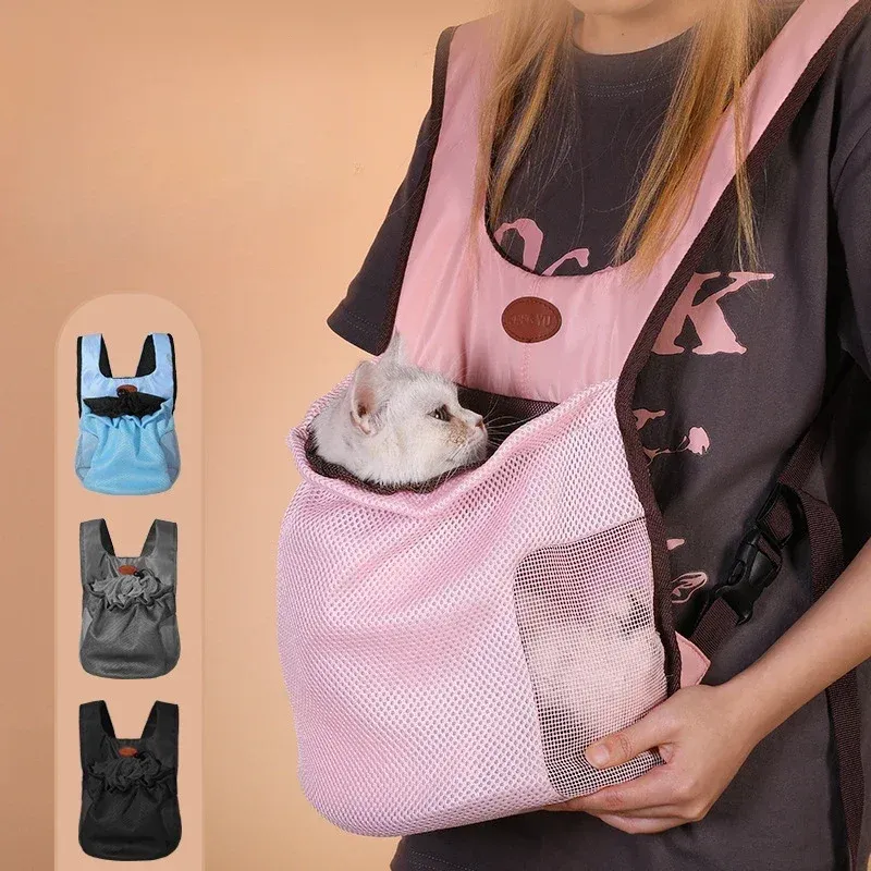 Väskor Portable Pet Chest Shoulder Bag Travel Bortable Dog Cat Drawstring Walking Bag CrossBorder Gray Pink Mesh Transport Ryggsäck