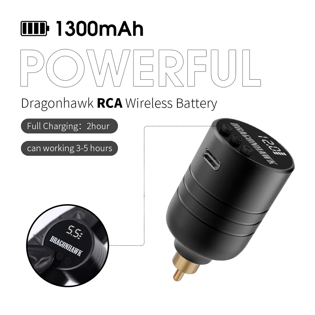 Supplies Dragonhawk B3 Batterie sans fil Frappe rapide Connecteur RCA Connecteur Rechargeable Écran LCD Alimentation pour l'adaptateur de machine rotative de tatouage