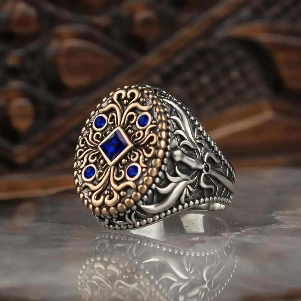 Ubranie ręcznie robione tureckie sygnetowe pierścień dla mężczyzn kobiety starożytny srebrny kolor niebieski cyrkon pierścień