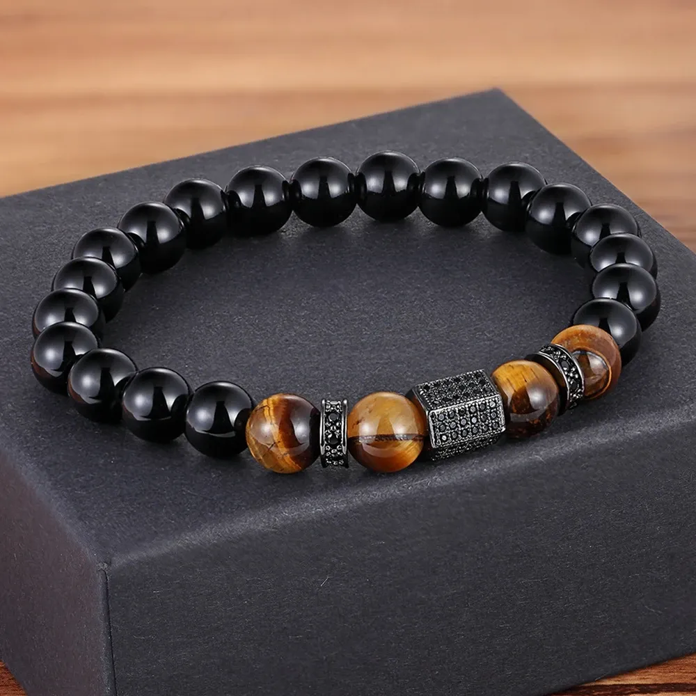 Strands TYO Vintage New Design African CZ Charm Stretch 8MM Tiger Eye Shiny Black Beads Bracelets Making DIY for Boy Men's Jewelry