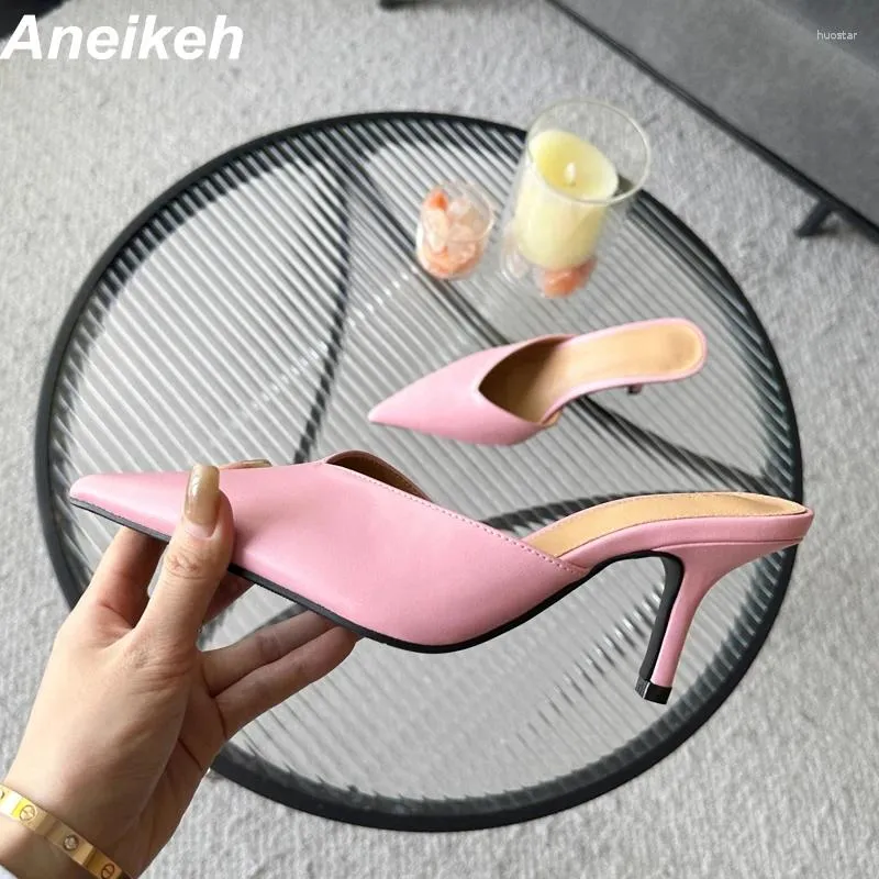 Elbise ayakkabıları Aneikeh Kısa Moda Kadın Sandalet Terlik İnce Med Heels Soon Milles Slayt Slaytlarında Sivri Ayak Tasarım Kaymaları 35-40 Pembe