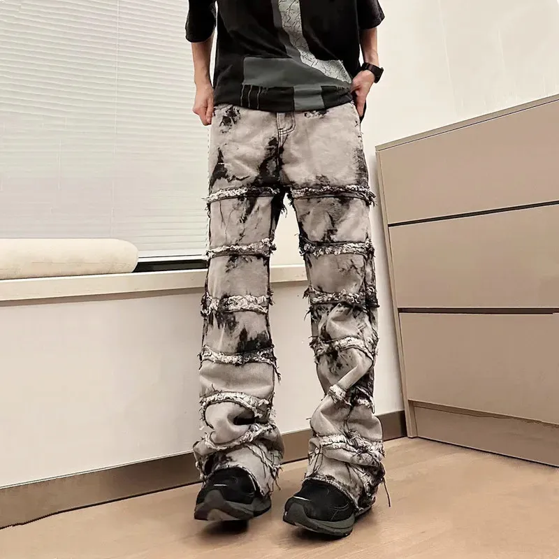 Tie Dye Cyber Y2K Baggy Stacked Jeans Pants For Men Clothing Straight Vintage Grey Grunge Long Trousers Ropa Hombre 240420