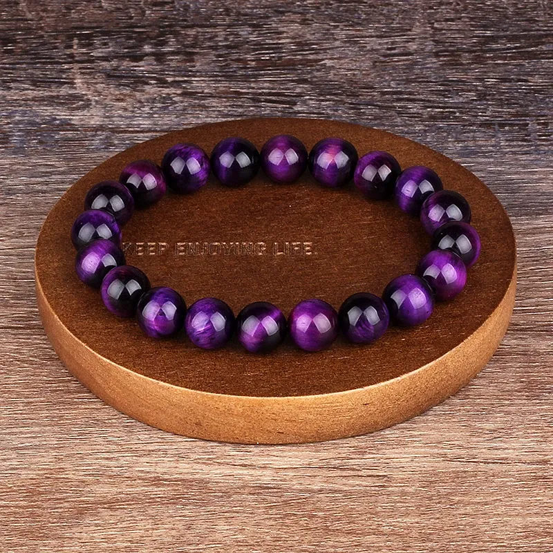 Brins Natural Purple Tiger Eyes Bracelet Men Femmes 6/8/10 / 12 mm Grade A lisses Braclet de méditation de yoga en pierre lisse Braslet pour lui cadeau