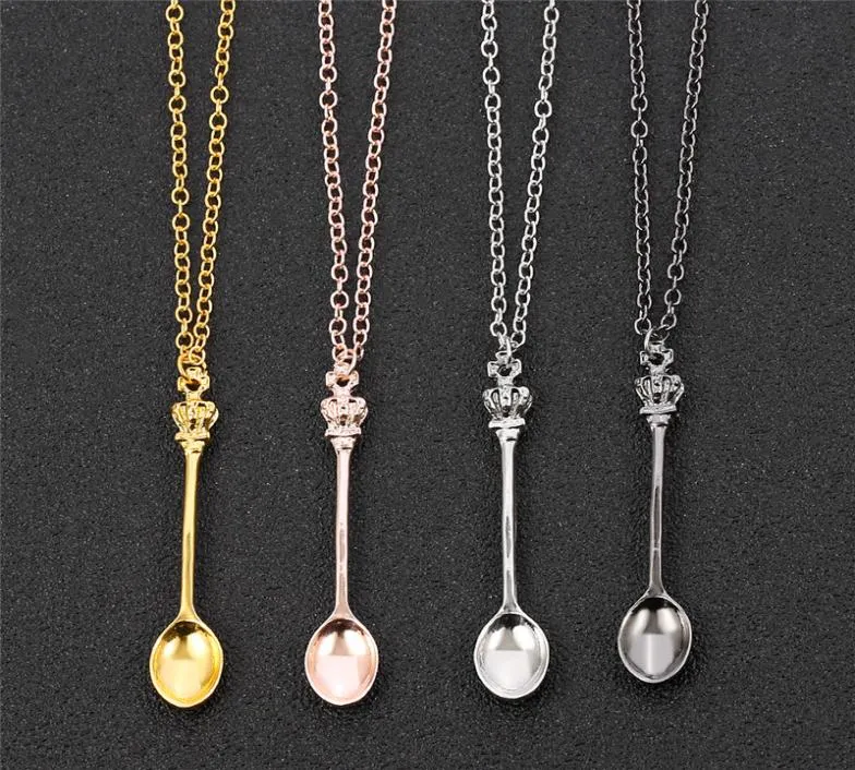 Charm Tiny Tea Spoon Shape Pendant Necklace With Crown for Women 4 Colors Creative Mini Long Link Jewelry Spoon Necklace6046377