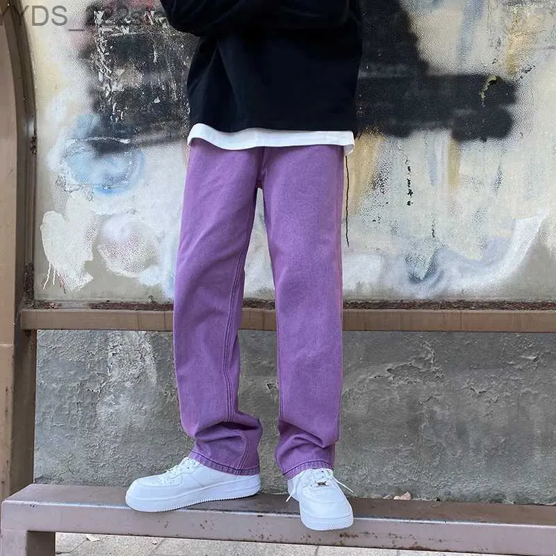 Damesjeans Koreaanse modeheren jeans paarse groene los fitting rechte retro casual straatkleding skateboard dans denim vrachtzak broek yq240423