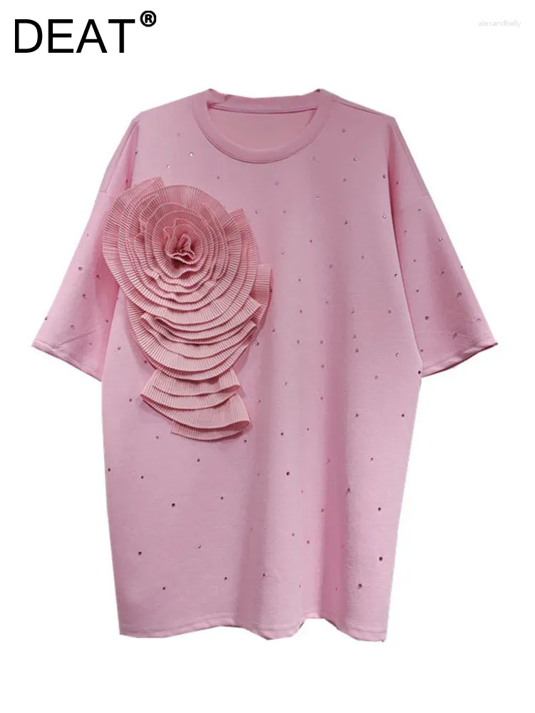 Camisas femininas Tops diamantes de manga curta Flor de retalhos solta Flor de pescoço O-ROSE rosa Camiseta 2024 Moda de verão 33A1213