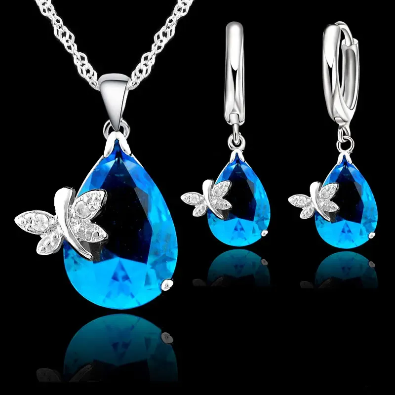 Halsband 925 Sterling Silver Stamp Bridal smycken Set Water Drop Dragonfly CZ Crystal Woman Girl Engagement Anniversary Necklace Earring