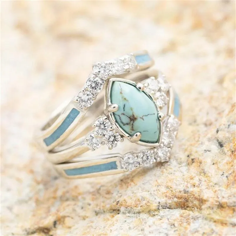 Cluster Rings 3 Pieces/Set Women's Turquoise Delicate Moissanite Engagement Wedding Anniversary Birthday Christmas Gift Jewelry