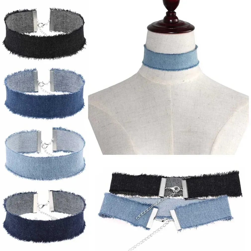 Naszyjniki unisex punkowe szerokie dżinsowe dżinsy Naszyjki dla kobiet mężczyzn proste gotyckie kołnierze naszyjniki czarny niebieski moda biżuteria hurtowa prezent