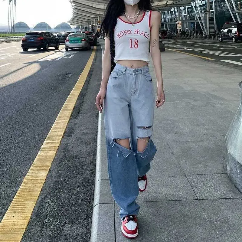 Women's Jeans Womens Ripped Bodycon Jeans woman Fashion Patchwork Harajuku Aesthetic Pants Jeans for women High Waisted Denim Jeans Y240422