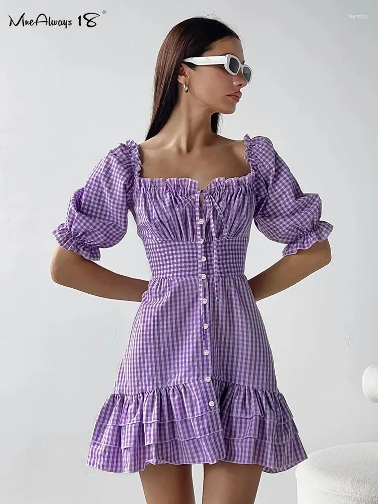 Party Dresses Purple Plaid Dress Puff Sleeve Ruffled Women Lace-Up Button Frill Summer 2024 Ladies Cascading