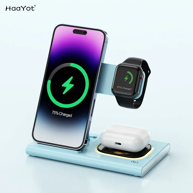 Chargers Haayot Fast Wireless Charger Dock 3 in 1 Station di ricarica per iPhone 15 14 13 12 Pro Galaxy S23 S22 orologio 8 7 6 AirPods Buds