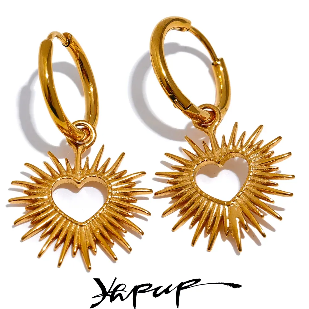 Earrings Yhpup Stainless Steel Heart Sun Hollow Geometric Drop Hoop Earrings Gold Color Fashion Rust Proof Metal Jewelry Office Gift