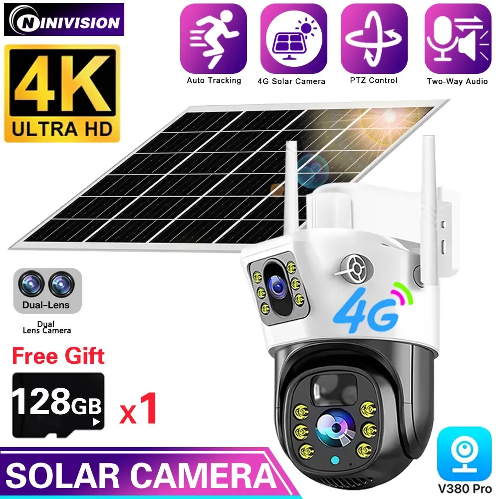 Lens 8MP 4G SIM Card Double Lens Cameras solaires 4K Surveillance PTZ PTZ BATTERIE CAMERIE COULEUR VISION NIMBRE DE NIGHT