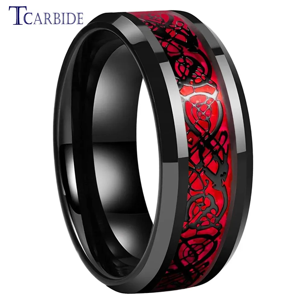 Band 8mm Black Mens Womens Tungsten Carbide Engagement Wedding Ring With Red Opal Dragon Inlay Superior Gift Jewelry Comfort Fit