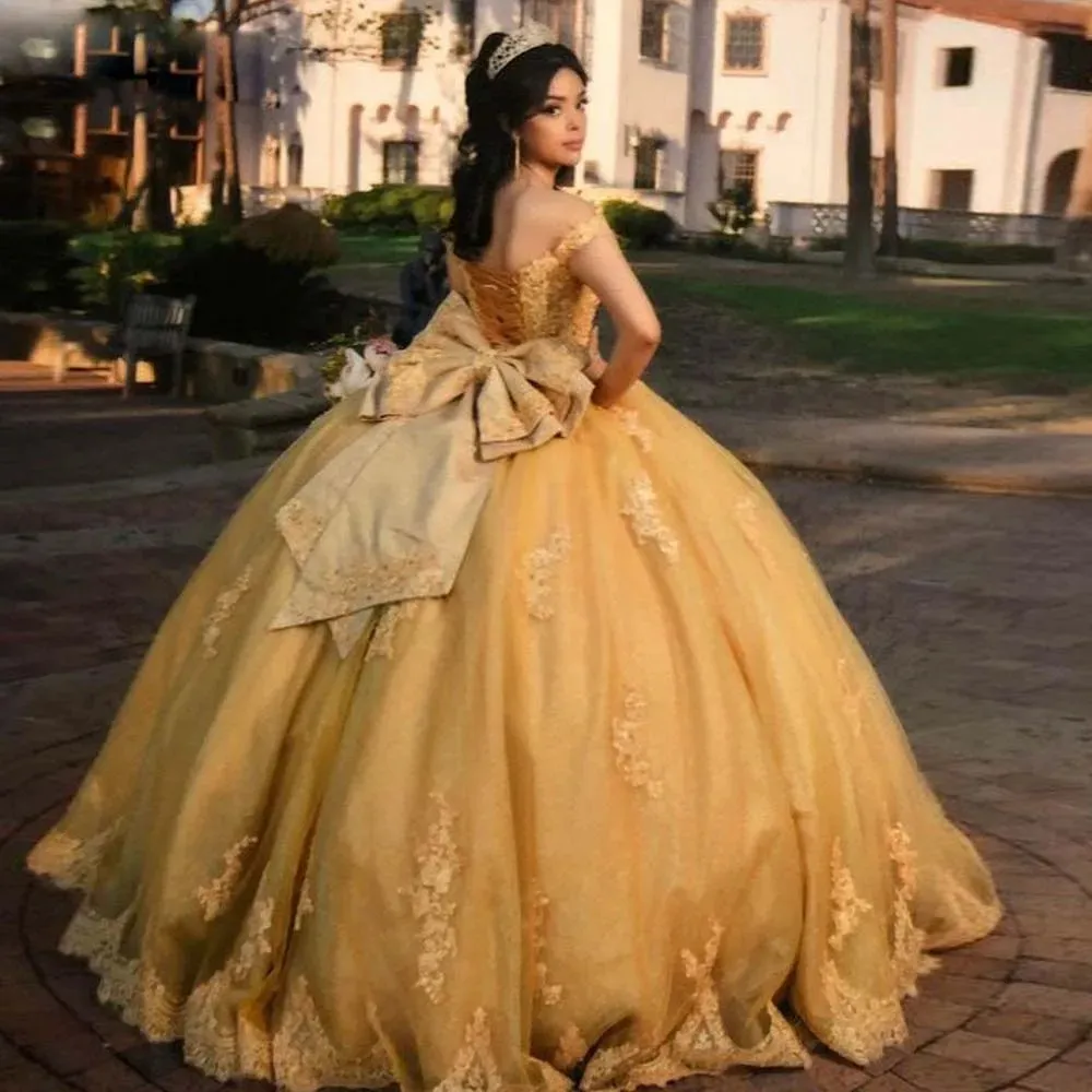 Gold Princess Quinceanera Dress with Bow Back Lace Appliques Floor-Length  Off Shoulder Ball Gown from Dhgate Quinceanera Dresses - price 182.31