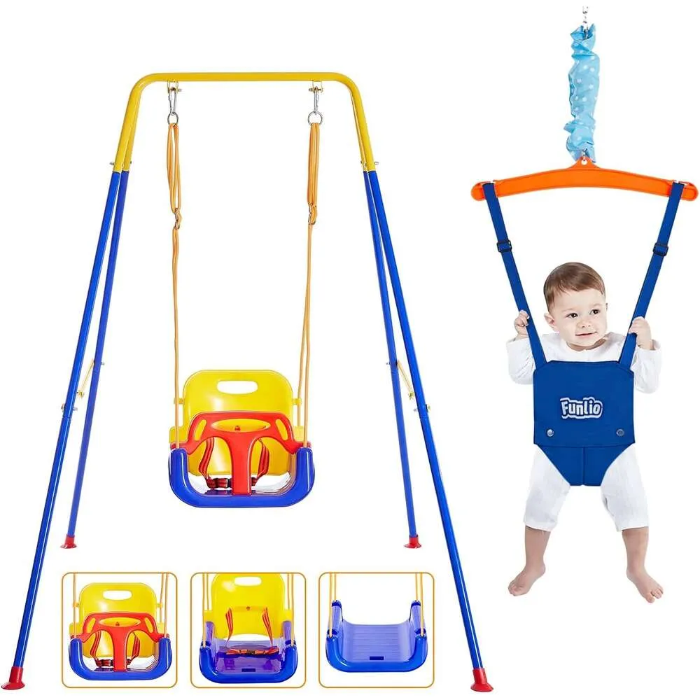 FUNLIO 2 in 1 Swing Set for Toddler and Baby Jumper - Heavy Duty Kids Swing Bouncer with Foldable Metal Stand for Indoor/Outdoor Play - Easy to Assemble and Store