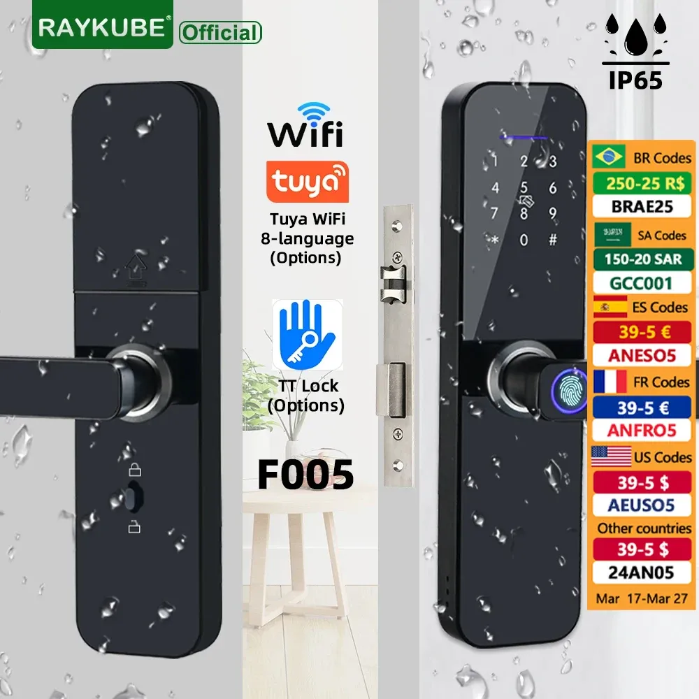 Управление Raykube F005 IP65 Водонепроницаемый Tuya Wi -Fi/TT Electronic Smart Door Lock с помощью отпечатка пальца/смарт -карта/пароль/ключ/разблокировка приложения