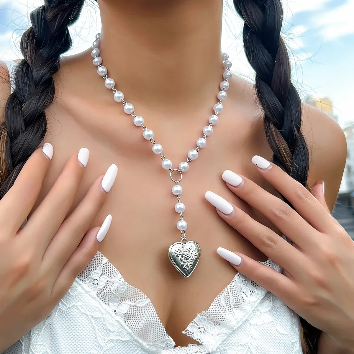 ネックレスpurui y2kホワイト/ピンク模倣真珠ネックレス大きな愛の心と花柄ペンダントチョーカーネックレスジュエリーガール