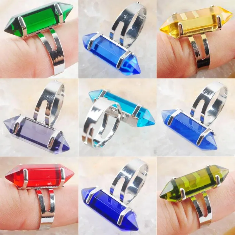 Cluster Rings Adjustable Finger Ring Yellow Green Red Dark Blue Quartz Hexagonal Healing Reiki Chakra Beads 20mm (0.8") 1Pcs IBX304