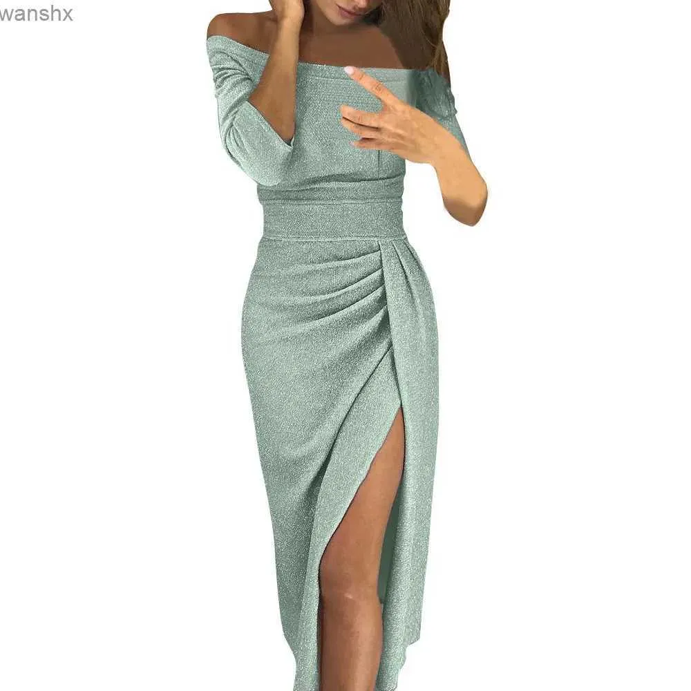 Grundläggande casual klänningar kvinnor mode sexig axelbandslös hög slits tight klänning långärmad klänningl2404