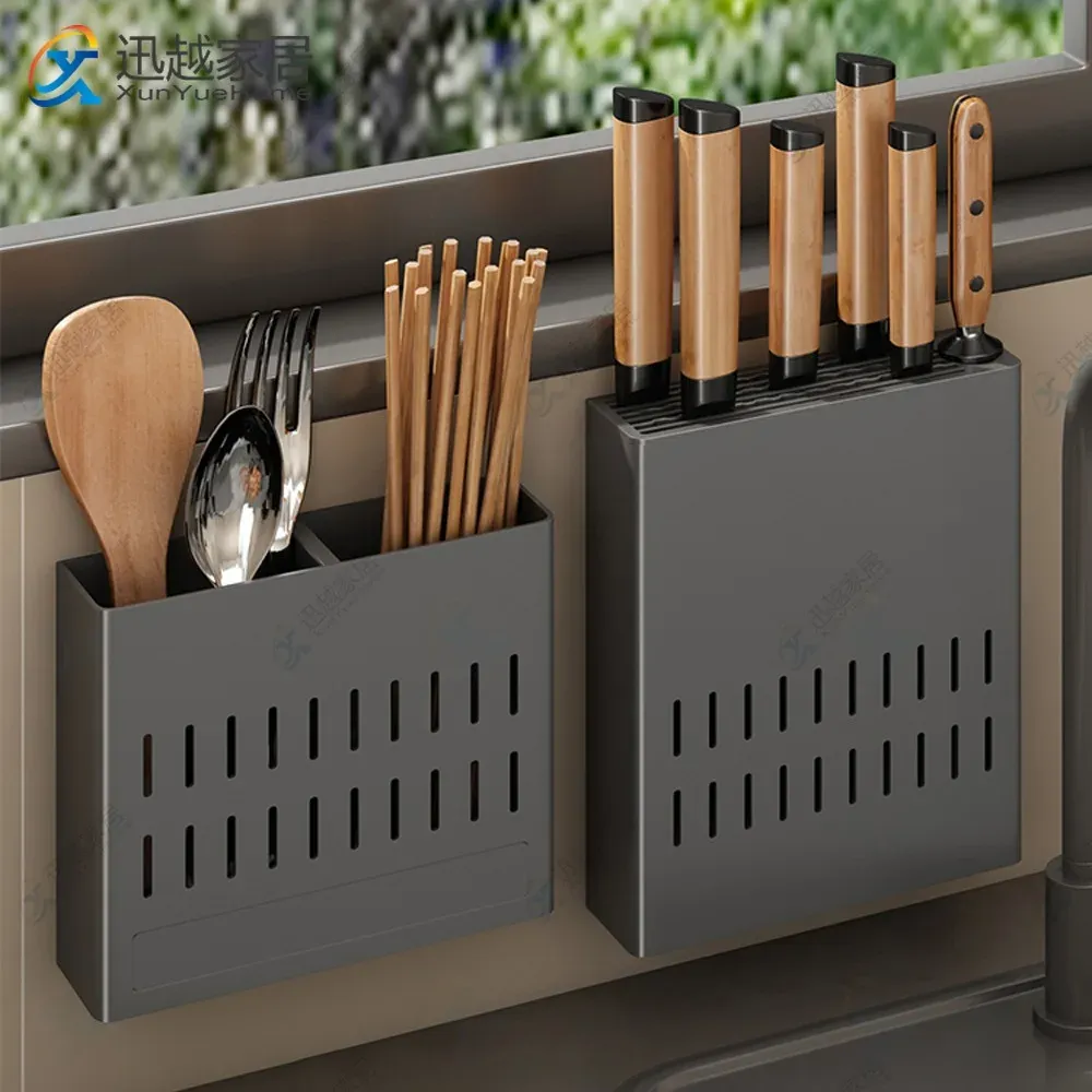 Storage Kitchen Rack Chopsticks Basket Holders Gun Gray Aluminum Household Drain Knife Holder Supplies Storage Wall Organizer Accessory