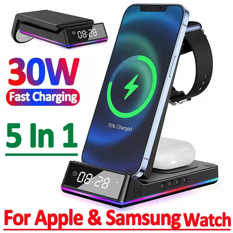 Laddare 5 i 1 30W Foldbar trådlös laddningsstativ RGB Dock LED -klocka Fast Charging Station för iPhone Samsung Galaxy Watch 5/4 S22 S21