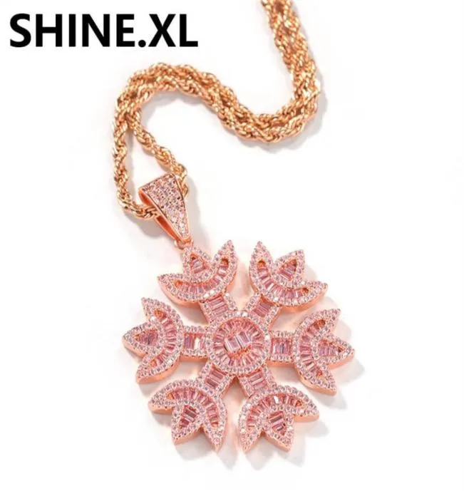 Hip Hop Collier de pendentif de flocon de zircon rose avec chaîne de corde en acier inoxydable