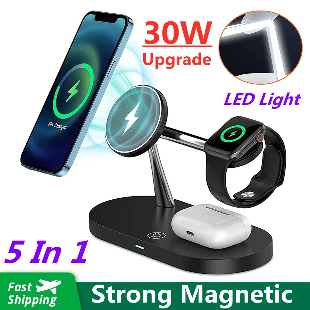 Laddare 30W 5 I 1 Fast Magnetic Wireless Charger Stand för iPhone 13 12 Pro Max för Apple Watch 7 6 SE AirPods Pro 2 3 Charging Station