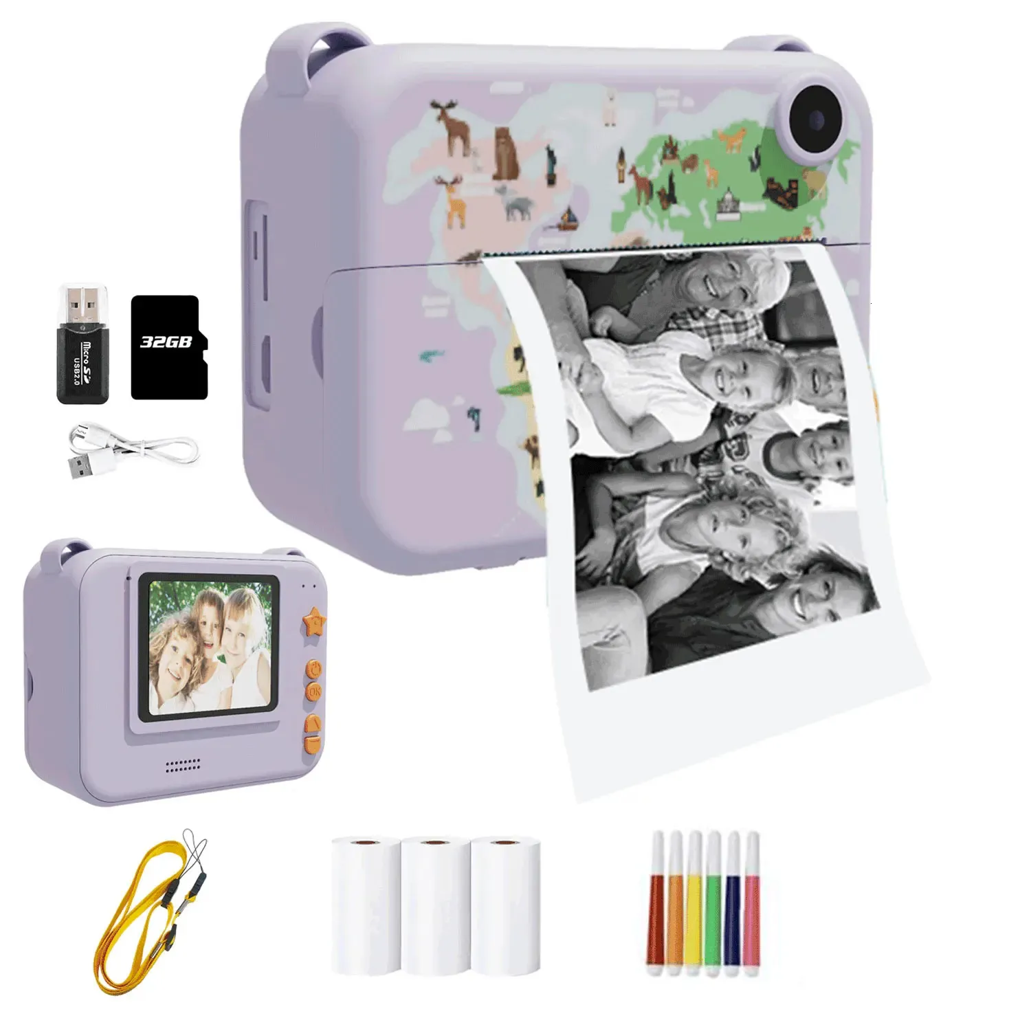 Digitale kinderen Camera Pography 32GTF Instant Print PO Kids Video Recorder Mini Thermal Printer Educatief verjaardagscadeau 240422