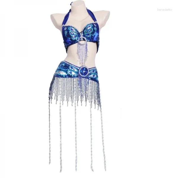 Stage Wear Wholesale 12 Colors Belly Dance Peacock Bra Suit Sexy Tassel Beads And Belt Set For Women Performance Clothes