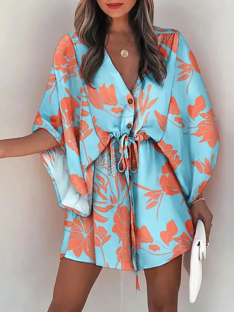 Vneck Flared Sleeve Cover Up For Woman Navy Loose Lace Holiday Beach 2024 Summer Dress Beachwear Vestidos Verano Moda 240417