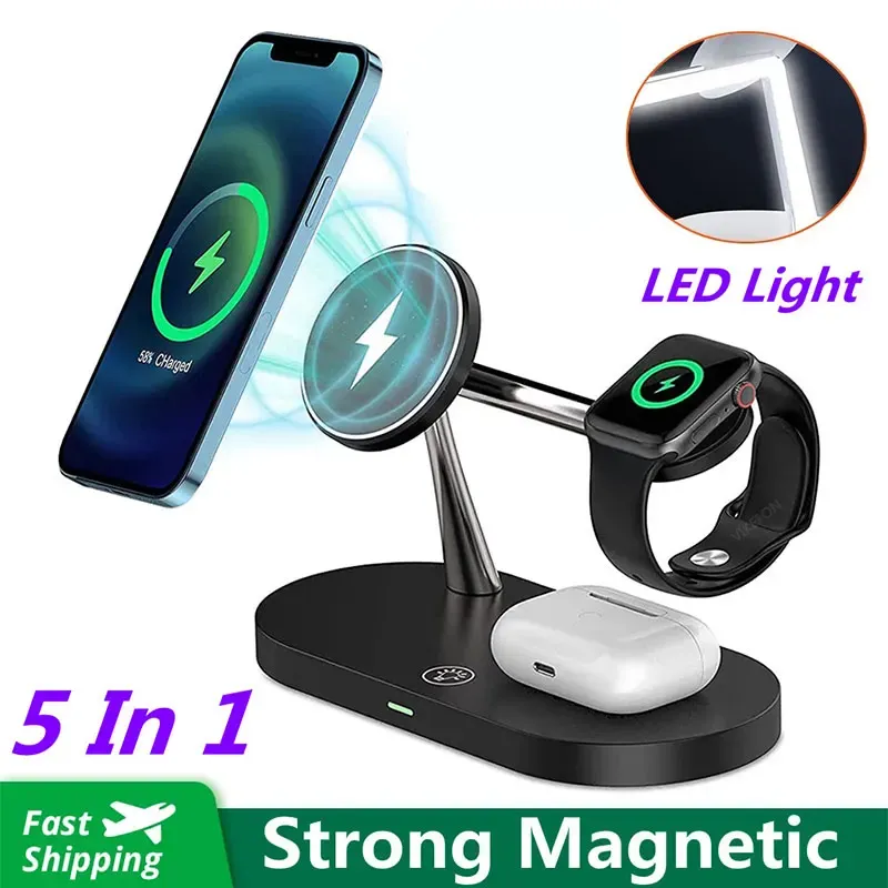 Laddare 15W 5 I 1 Fast Magnetic Wireless Charger Stand för iPhone 13 12 Pro Max Mini Apple Watch AirPods Wireless Chargers Station